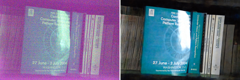 (Left) An under-exposed photo corrected using traditional image processing tools. (Right) The same image corrected using the deep learning algorithms.